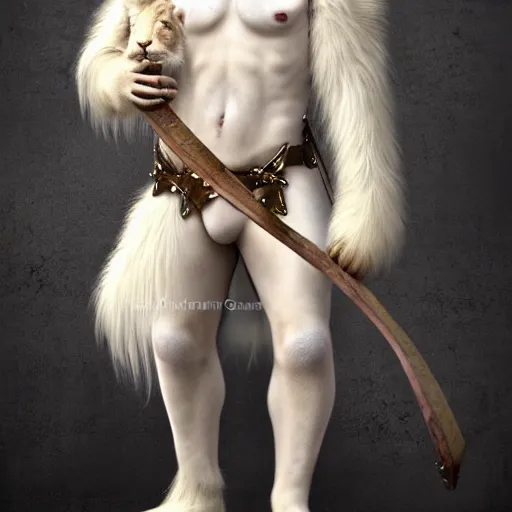 Image similar to an albino anthro lion holding a bow,dressed in leather armor,art by artgerm,photorealistic,highly detailed,8k,artstation,deviantart,detailed face