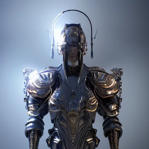 Prompt: a futuristic 3 d render portrait of akatsu the tech lord wearing futuristic menswear and ornate steel armor, cinematic lighting, smooth, high detail, dark fantasy, unreal engine, octane render, by vitaly bulgarov artstation, many floating spheres, metal with chipped paint texture, fog volumes, vivid color glow, post processing, cgsociety