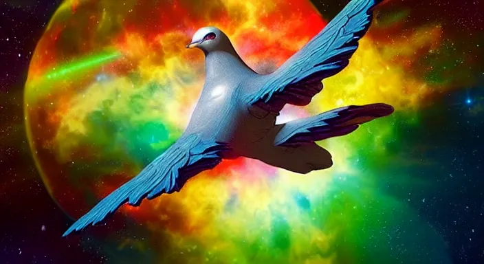 Image similar to A peace dove flying through a multicolored nebula in outerspace by Terry Redlin and Chesley Bonestell and Zdzislaw Beksinski, hyper realistic, radiant colors, trending on artstation, volumetric lighting, hyper detailed, insane details, intricate, ornate, CGsociety, hypermaximalist, octane render, micro details, 3d sculpture, ray tracing, 8k