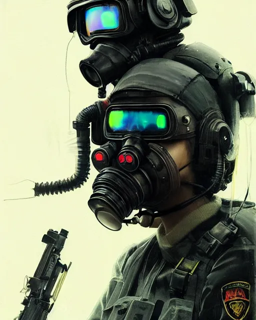 Image similar to detailed portrait neon female swat officer flying a fighter jet, cyberpunk futuristic, neon, gas mask, reflective puffy coat, decorated with traditional japanese by ismail inceoglu dragan bibin hans thoma greg rutkowski alexandros pyromallis nekro rene margitte, fire & smoke, illustrated, perfect face, fine details, realistic shaded, fine - face, pretty face