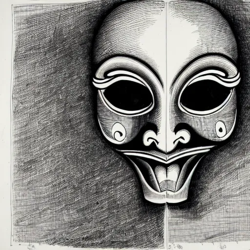 Image similar to an ink drawing of cracked comedy and tragedy theater masks, elaborate detail