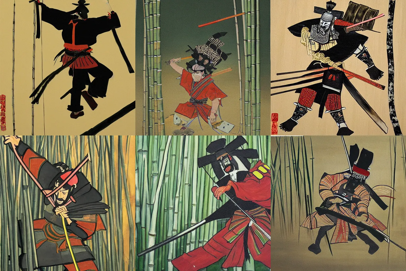 Prompt: Epic painting of a samurai cutting through bamboo