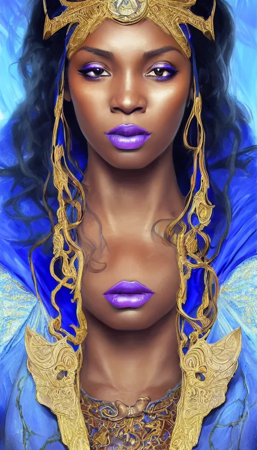 Prompt: caitlyn mwenifumbo as a sorceress, passionate, seductive, sweaty, intricate dressed in ornate blue robes and staff, lovely, intricate, highly detailed, digital painting, artstation, concept art, karma sutra, smooth, sharp focus, illustration, unreal engine 5, 8 k, art by artgerm and greg rutkowski and alphonse mucha