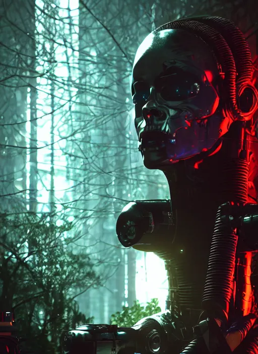 Image similar to 35mm portrait of a sophisticated intricate terminator woman's head on the background of a weird magical mechanical forest .Very detailed 8k. Fantasy cyberpunk horror. Sharp. Unreal 5 render with nanite, global illumination and ray tracing. Cinematic post-processing