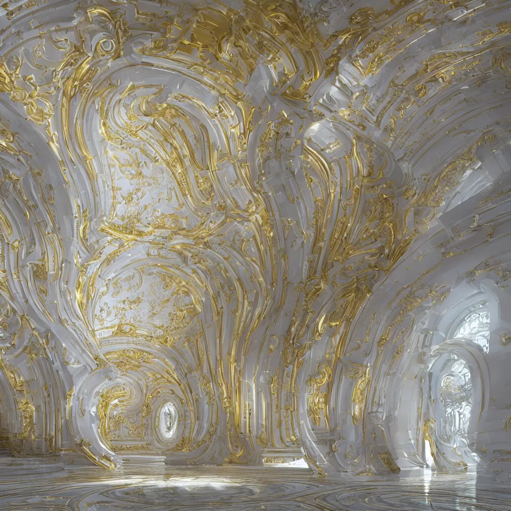 Image similar to an incredibly smooth curvilinear neo baroque interior architectural sculpture, a golden pool on the ground is envelope by folding white surfaces, blue light, visually satisfying architecture render