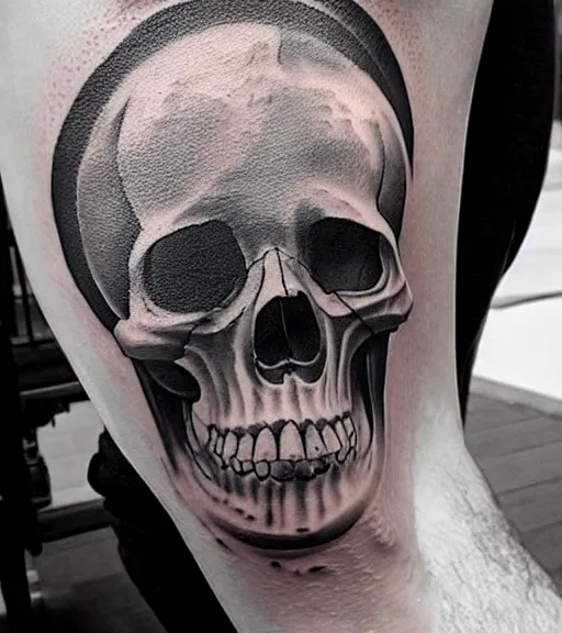 Image similar to a tattoo design with a creative skull, in the style of den yakovlev, hyper realistic, black and white, realism, highly detailed