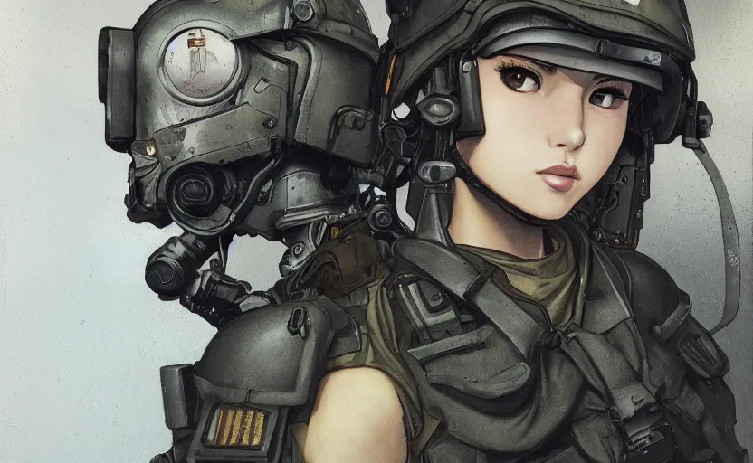 Image similar to front portrait of mechanized soldier girl, anime style, urban in background, soldier clothing, combat helmet, short hair, hair down, symmetrical facial features, from arknights, hyper realistic, 4 k, rule of thirds, extreme detail, detailed drawing, trending artstation, hd, d & d, realistic lighting, by alphonse mucha, greg rutkowski