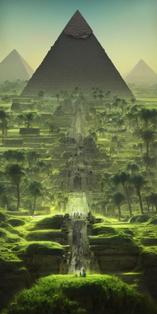 Prompt: symmetry!! the lost ancient megalithic builders, ancient egypt pyramids, lush green, surreal landscape, very detailed, perfect composition, perfect lighting, 4 k, trending on artstation, greg rutkowski, derek zabrocki, artgerm, cgsociety, octane render