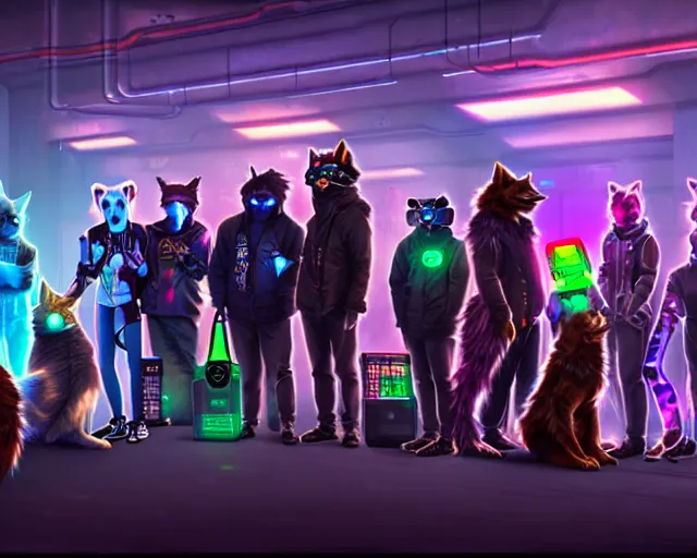 Image similar to high - resolution photograph from a cyberpunk era furry fandom convention ( midwest furfest 2 0 4 7 ), taking place after the genetic revolution and quantum singularity. photorealistic.