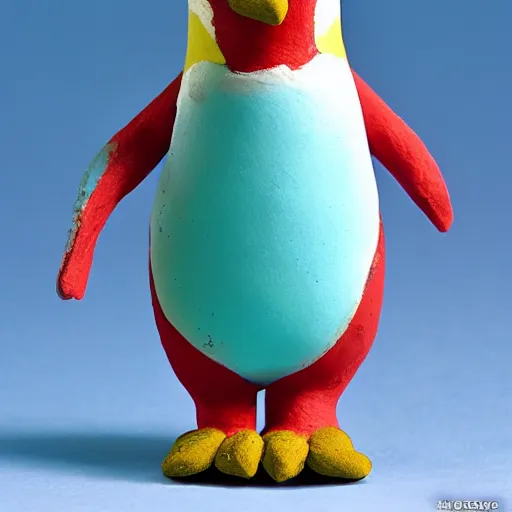 Prompt: a penguin, made of cyan colored clay, claymation