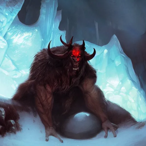 Image similar to devil posing in the ice cave. greg rutkowski. boris vallejo. color grading lut 3 8 4 0 x 2 1 6 0