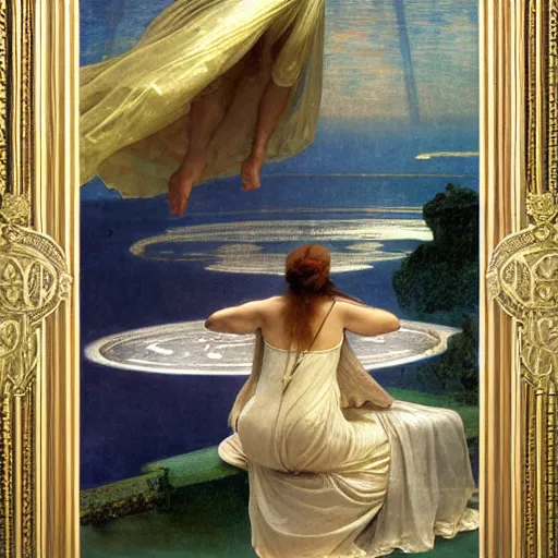 Image similar to The palace on the clouds, moon reflecting on the water, thunderstorm, greek pool, beach and Tropical vegetation on the background major arcana sky, by paul delaroche, alphonse mucha and arnold böcklin, hyperrealistic 8k, award-winning, very very very detailed