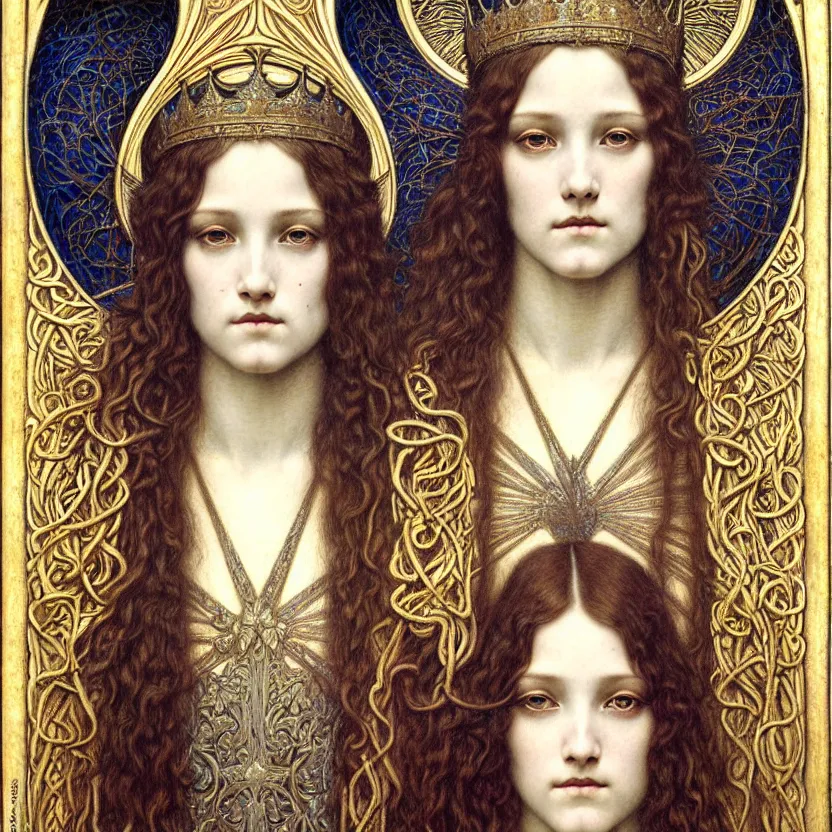 Image similar to detailed realistic beautiful young medieval queen face portrait by jean delville, gustave dore and marco mazzoni, art nouveau, symbolist, visionary, gothic, pre - raphaelite. horizontal symmetry