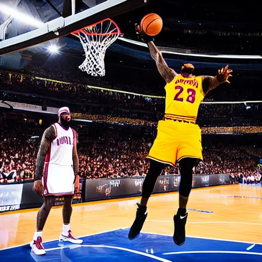 Image similar to a cheetah dunking on lebron james, high definition, very detailed, photorealistic, sports photography,