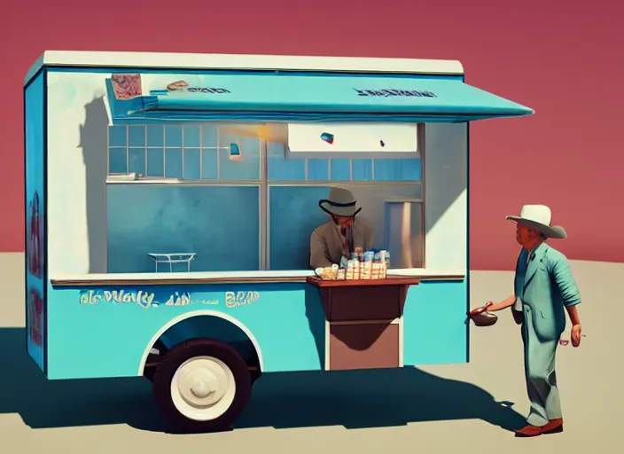 Image similar to an ice cream van that sells snake oil instead of ice cream, rowdy salesman hawking little brown bottles, medicine, snake van, painting by René Magritte, Grant Wood, 3D rendering by Beeple