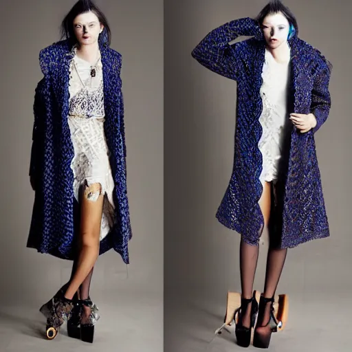 Image similar to fashion 2 0 5 0 fantastic openwork long coat with intricate pattern on a beautiful symmetrical girl with blue hair, hyper realistic photos