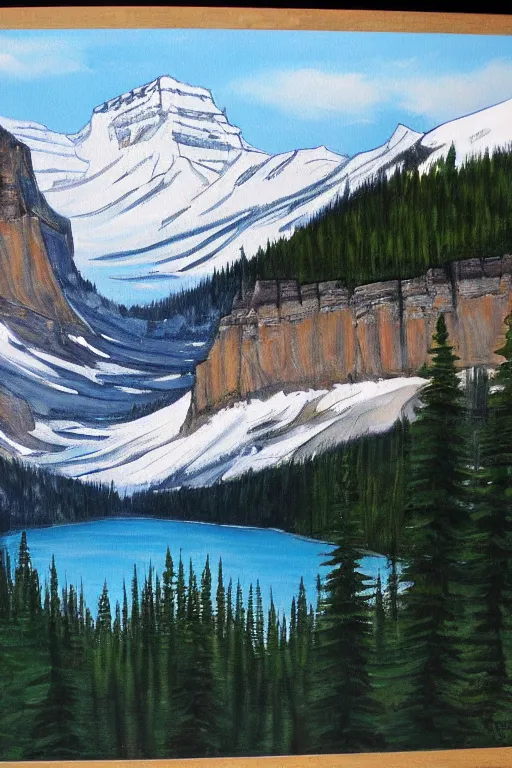 Prompt: bob ross painting of lake louise