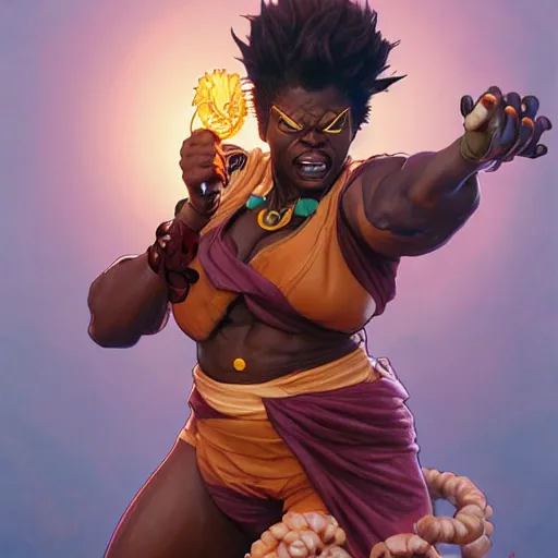 Image similar to leslie jones as dhalsim street fighter, 4 k, ultra realistic, detailed focused art by artgerm and greg rutkowski and alphonse mucha