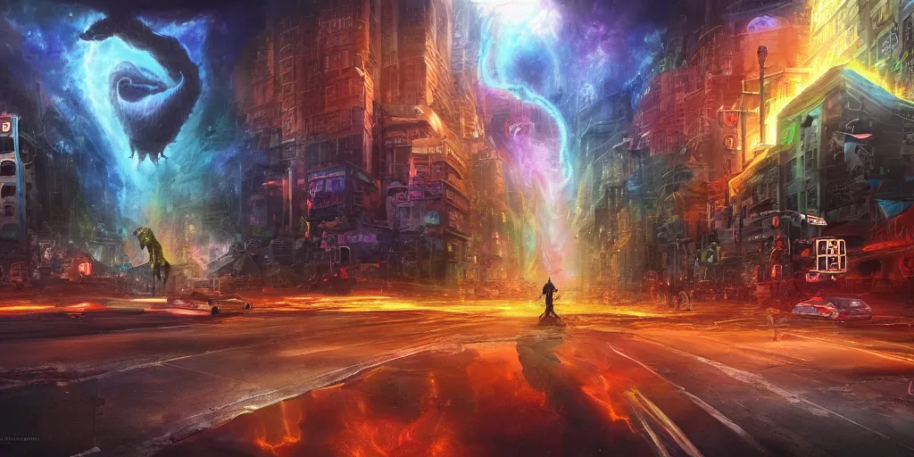 Prompt: Horrific cosmic beast emerges from a dimensional rift in a busy city intersection, detailed oil painting, 3d perspective, cinematic lighting, day, hyperrealistic