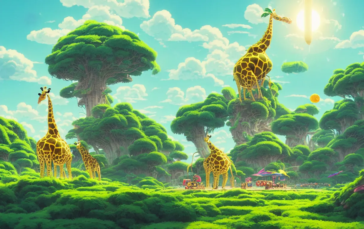 Prompt: studio ghibli, bananas, island, fat giraffes, solar, green technology, optimist future by asher durand. intricate artwork by tooth wu and wlop and beeple and dan mumford and greg rutkowski and nekroxiii. halo. octane render, cinematic, hyper realism, octane render, 8 k, depth of field, bokeh. iridescent accents. vibrant