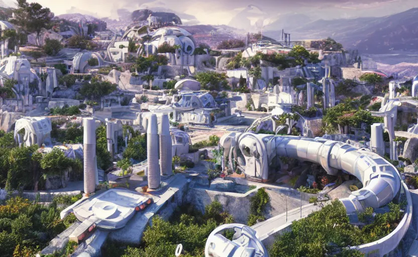 Image similar to futuristic robotic village with technology, white, purple roofs, ancient greek style, sci-fi, beams, tubes, pipes, built on a steep hill, on top of the hill is a futuristic greek temple, pillars, cyberpunk, cgi, in the style of Pixar, hyper realistic, Unreal Engine 5, octane render, trending on art station