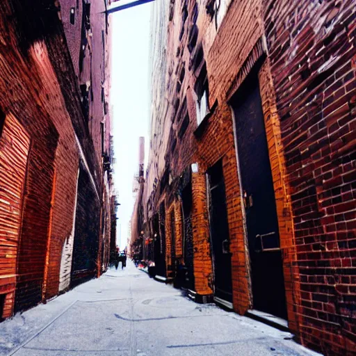 Prompt: wide shot low angle of new york alley, fisheye view!