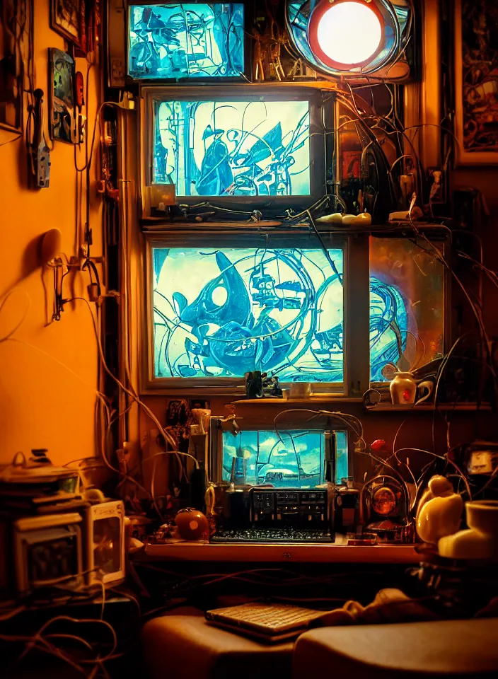 Image similar to telephoto 7 0 mm f / 2. 8 iso 2 0 0 photograph depicting the feeling of chrysalism in a cosy cluttered french sci - fi ( ( art nouveau ) ) cyberpunk apartment in a dreamstate art cinema style. ( ( computer screens, sink ( ( ( fish tank ) ) ) ) ), ambient light.