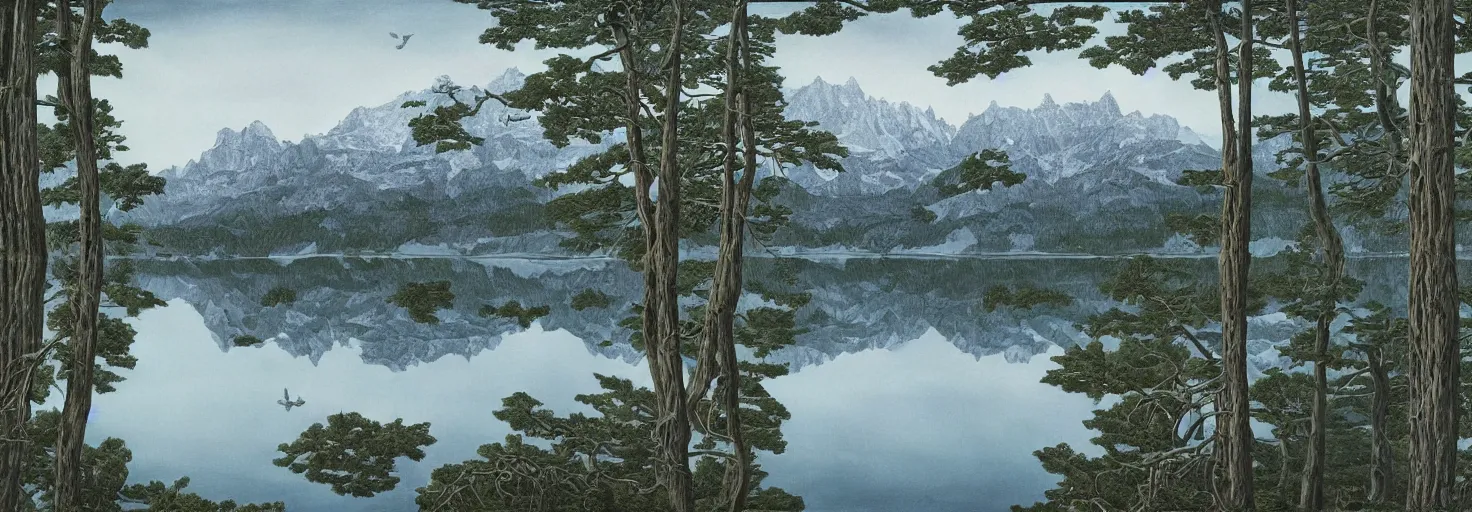 Image similar to escher painting of a lake, big trees reflecting on lake surface, mountains at background, snowy, ultra sharp, ultra detailed, horror emotion, colorized by salvador