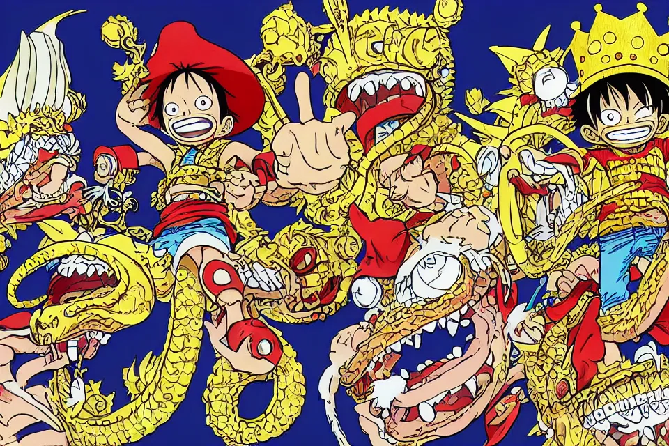 Image similar to concept sketches of luffy wearing a gold crown riding a large dragon by jamie hewlett, in the style of megaman, micro detail