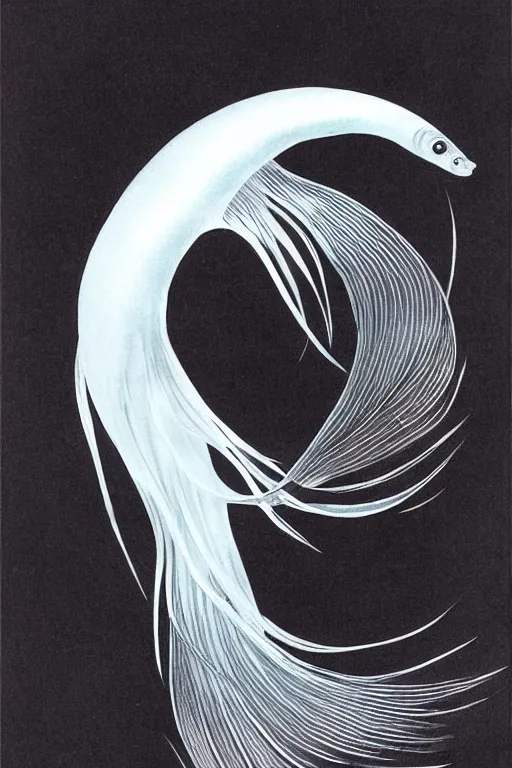 Prompt: a graceful iridescent white betta fish with long swirling fins, black-water-background, traditional Chinese painting, artstation