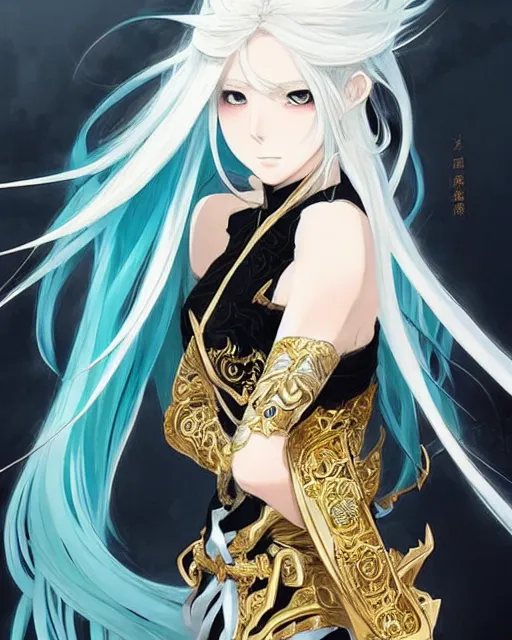 Prompt: beautiful anime portrait of a female fighter!! long white hair! teal eyes! fighting stance!!!! intricate ornate gold and black outfit!!! elegant, artbook, fine details by stanley artgerm lau, wlop, rossdraws, james jean, andrei riabovitchev, marc simonetti, and sakimichan, trending on artstation