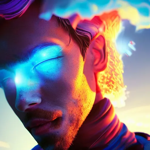 Prompt: sideways portrait of man's head vaporizing, trippy colorful vivid sky, andrew chiampo, artstation, frederik heyman, extremely detailed, stunning volumetric lighting, fantasy, hyperrealism, 3 d render, octane render, unreal engine, fantasy, intricate detail, 4 k, futuristic, sharp focus, smooth