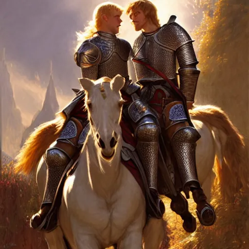 Image similar to attractive arthur pendragon and his favourite attractive male knight, they are in love, camelot, natural lighting, path traced, highly detailed, high quality, digital painting, by gaston bussiere and ross tran and j. c. leyendecker