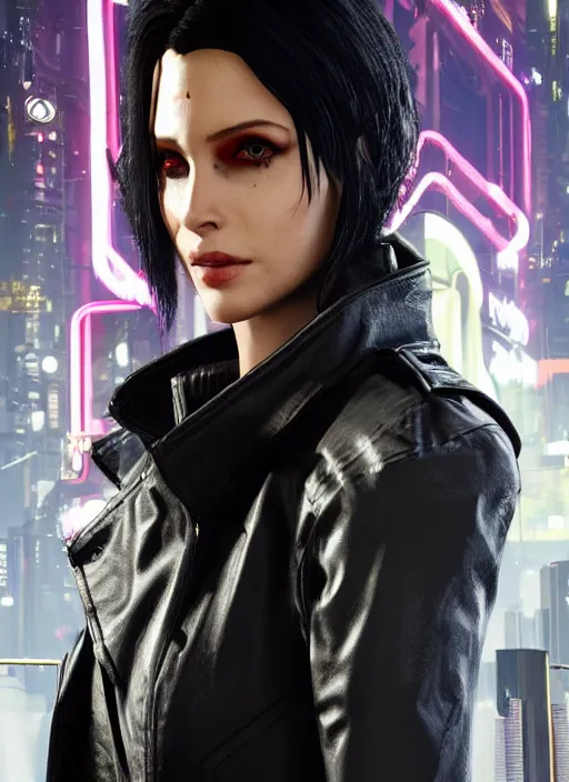 Image similar to black haired woman in a trench coat in a black cyberpunk 2 0 7 7, full body, intricate, highly detailed, face enhance, realistic