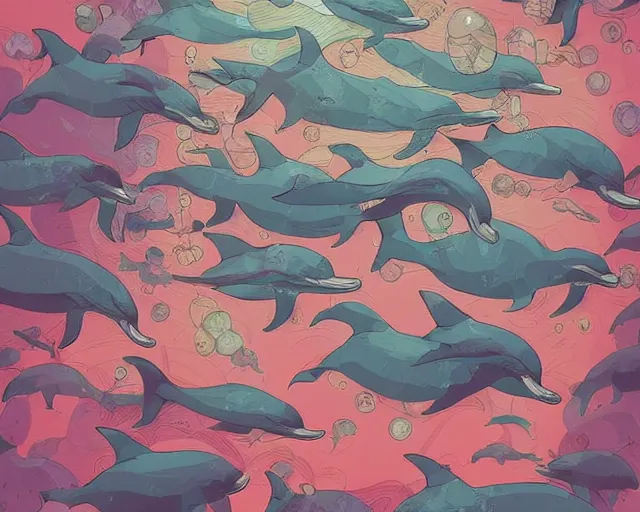 Image similar to a study of cell shaded cartoon of dolphins raving in a nightclub, illustration, wide shot, subtle colors, post grunge, concept art by josan gonzales and wlop, by james jean, Victo ngai, David Rubín, Mike Mignola, Laurie Greasley, highly detailed, sharp focus, alien, Trending on Artstation, HQ, deviantart, art by artgem