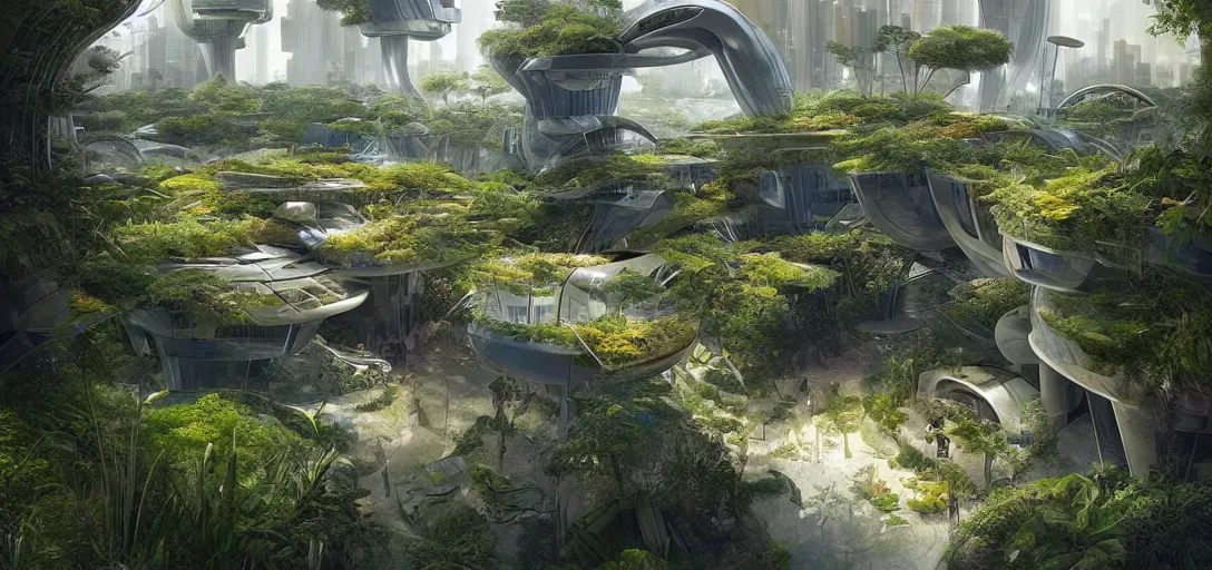 Image similar to a futuristic solarpunk garden, designed by frank gehry, sci - fi, digital art by paul chadeisson