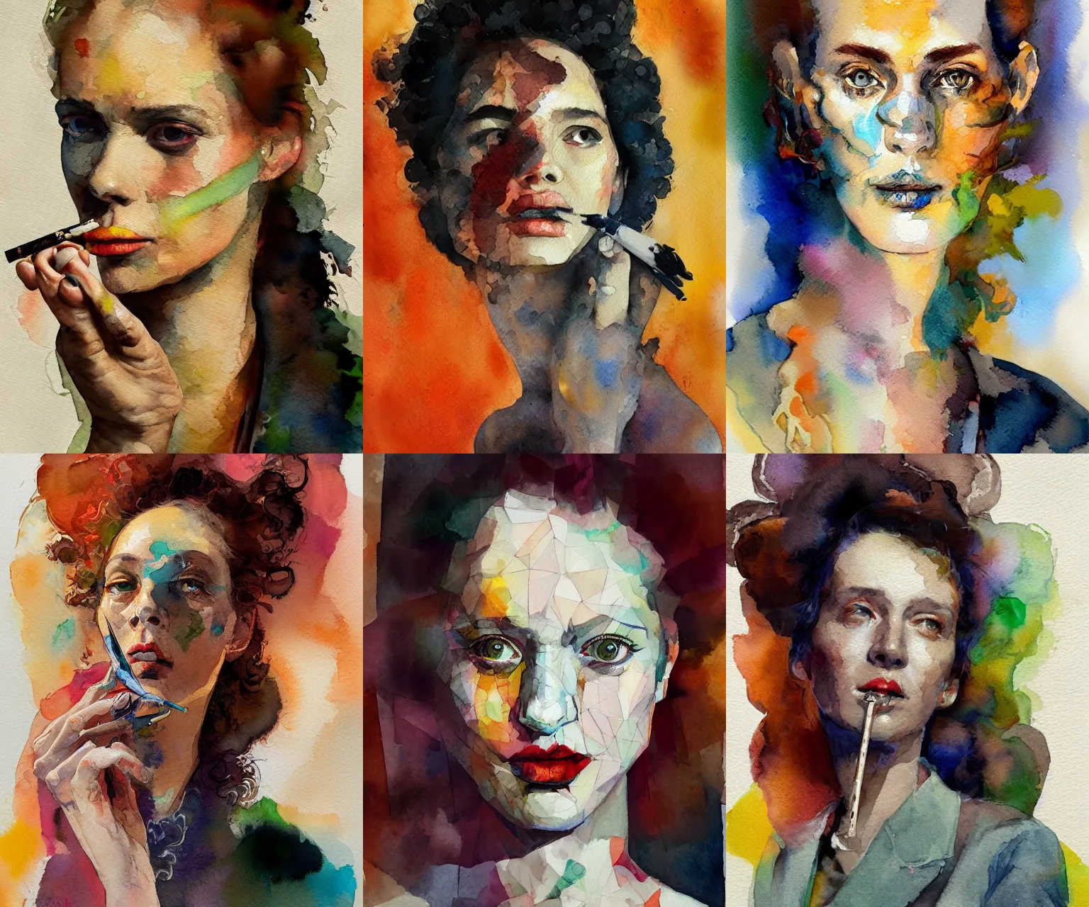 Prompt: portrait of a smoking woman, in the style of disco elysium, watercolor expressionism, artstation, trending, by aleksander rostov, jenny saville, rembrandt, alex kanevsky, wassily kandinsky, dave mckean