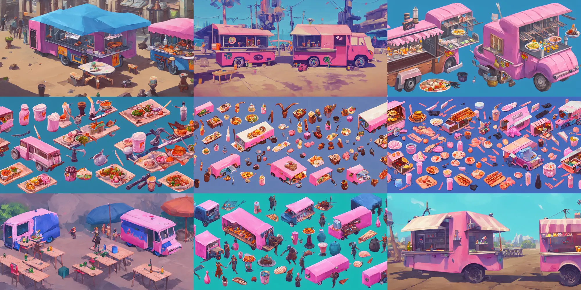 Prompt: game asset of food truck stall, in gouache detailed paintings, props, stylized, 2 d sprites, kitbash, arcane, overwatch, blue and pink color scheme, 8 k, close up