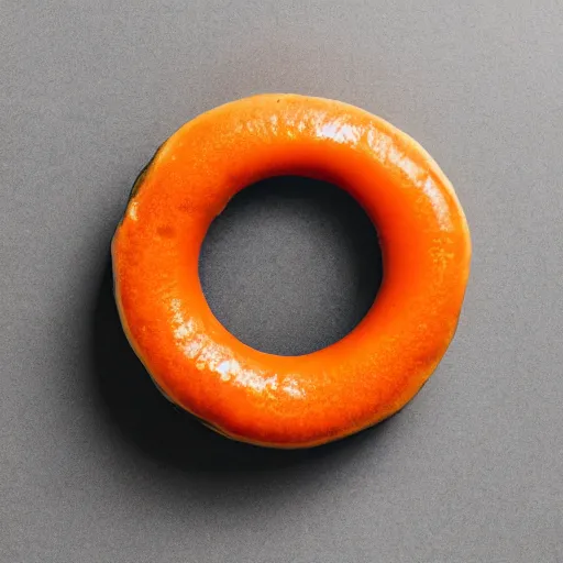 Image similar to Perfectly circular donut!!!!! in the style and shape of an orange!!!!!!, blended colors!!!!!, trending on artstation, 4k, 8k, professional photography, overhead shot, 35mm lens