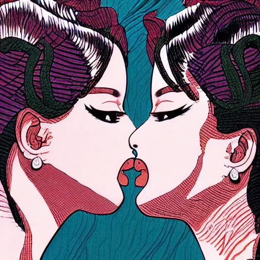 Image similar to closeup of two women made of patterns kissing each other, manga art by araki, jojo's bizarre adventure key visual