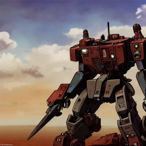 Image similar to anime style battlemech, post-apocalyptic, high-tech, hulking, wide shot, desert background, highly detailed, artstation, concept art, sharp focus, illustration, art by yoshiyuki tomino, red brown and blue color scheme