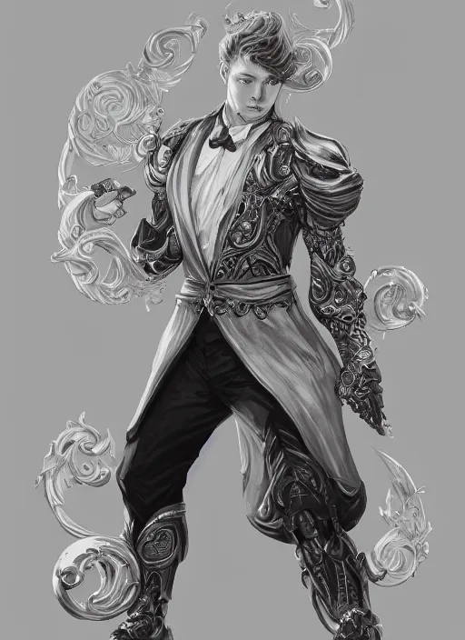 Image similar to a highly detailed illustration of short ginger haired man wearing white suit, dramatic holding ornate mechanical cane pose, intricate, elegant, highly detailed, centered, digital painting, artstation, concept art, smooth, sharp focus, league of legends concept art, WLOP