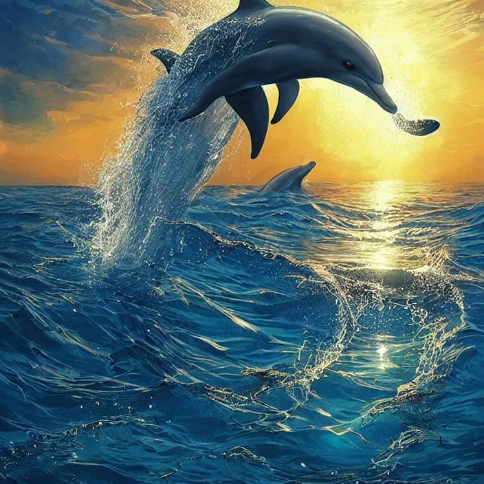 Prompt: dolphin swimming, golden hour, god rays, by artgerm and ismail inceoglu, masterpiece, beautiful, intricate, elegant, highly detailed