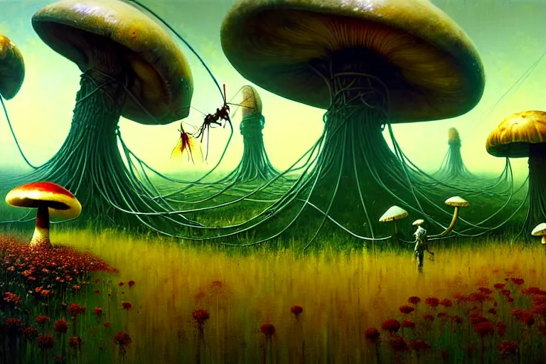 Prompt: surreal painting by craig mullins and greg rutkowski, garden flowers + poison mushrooms surrounded by cables + long grass + garden dwarfs annihilate giant mosquito, 7 0's vintage sci - fi style, cinematic