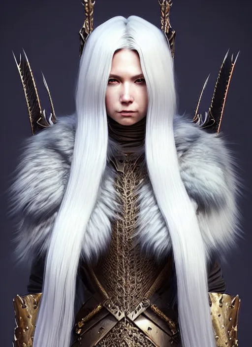 Image similar to fur coated armor!!! long wild white hair!! covered chest!!! fantasy, d & d, intricate ornate details, symmetry, concept art, sharp focus, illustration, art by artgerm! greg rutkowski magali villeneuve wlop! ilya kuvshinov!!, octane render, unreal engine 5, highly rendered!!