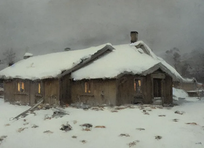 Image similar to oil painting of swedish house in snow landscape, by anders zorn, by greg rutkowski