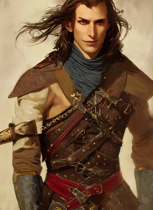 Prompt: medium-length portrait of a male half-elf dashing swashbuckler with a mohawk and brown eyes, fair skin, cocky expression, wears a bright red longcoat, medieval setting, highly detailed, digital painting, artstation, concept art, sharp focus, illustration, art by greg rutkowski and alphonse mucha