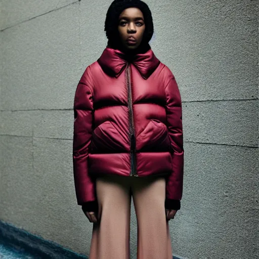 Prompt: realistic photoshooting for a new balenciaga lookbook color film photography portrait of a beautiful woman model, model wears a puffer jacket, photo in style of tyler mitchell, wes anderson