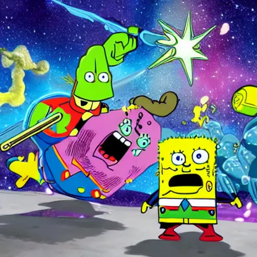 Image similar to the avengers battle spongebob squarepants in space, galaxy, hd, explosions, gunfire, lasers, spatula, giant, epic, showdown, colorful