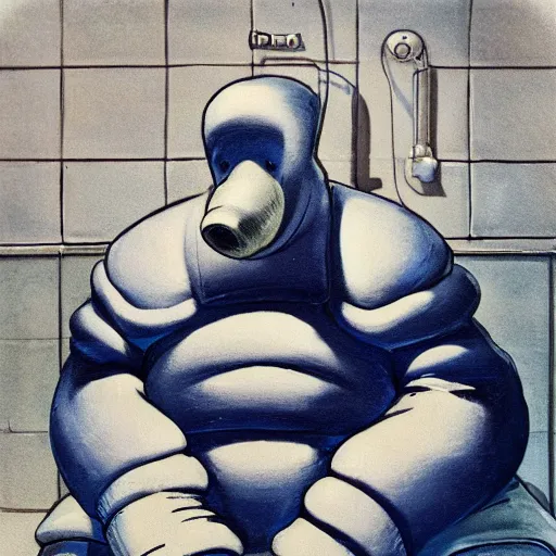 Prompt: the michelin man on the toilet sweating